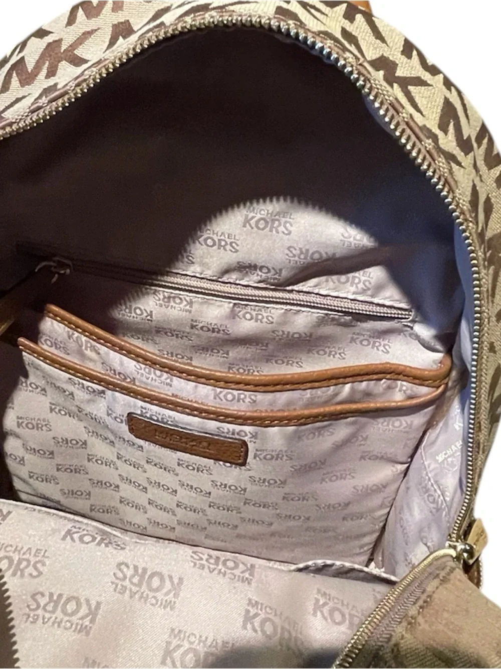 Michael Kors Signature Monogram Logo Canvas Medium Backpack Brown And Tan Gold